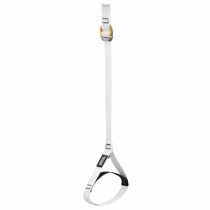 Bande inférieure à boucle de montée du genou, bande blanche avec fermoir jaune-gris et logo PETZL noir