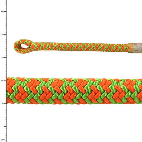 Épissure Atrax, corde tressée entière vert orangé avec boucle à une extrémité et gros plan du tressage