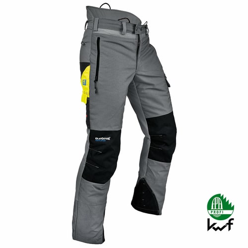 Pantalon anti-coupure en gris avec détails noirs et jaunes, poches latérales zippées et passants à la taille