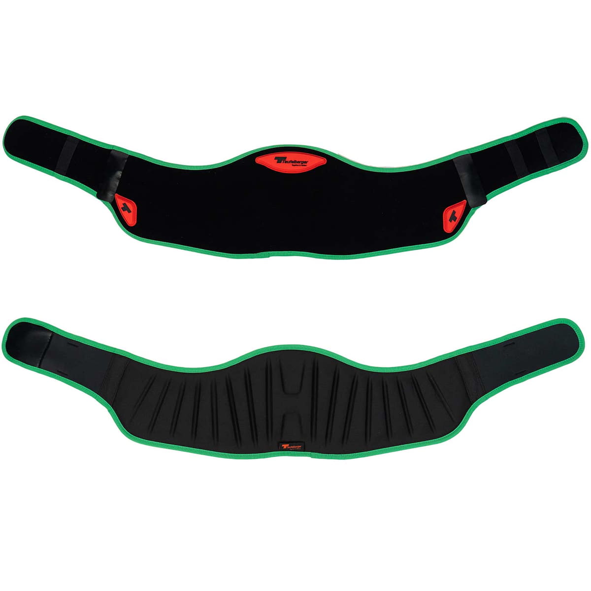 Rembourrage treeMOTION Ultra Comfort, deux coussinets noirs avec bord vert, l’un avec une surface lisse et le logo Teutoburger rouge, l’autre avec une surface rembourrée et le logo Teutoburger rouge