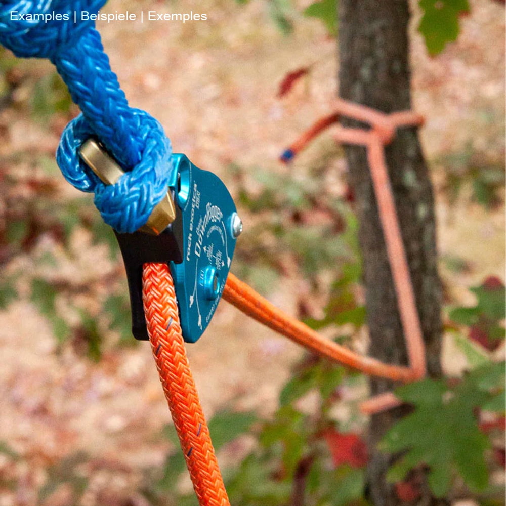 Rock Exotica Omni DownRigger en bleu attaché à un arbre avec une corde bleue et orange, fabricant Rock Exotica, type DownRigger