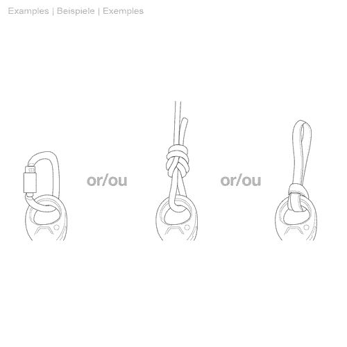 Dessin technique en noir et blanc avec trois variantes pour la fixation de la poulie Petzl Pro Traxion à un mousqueton ou à une extrémité de corde
