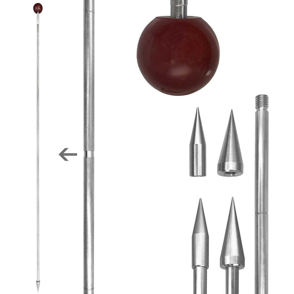 Sonde de sol en métal avec poignée à bille rouge et plusieurs embouts métalliques interchangeables