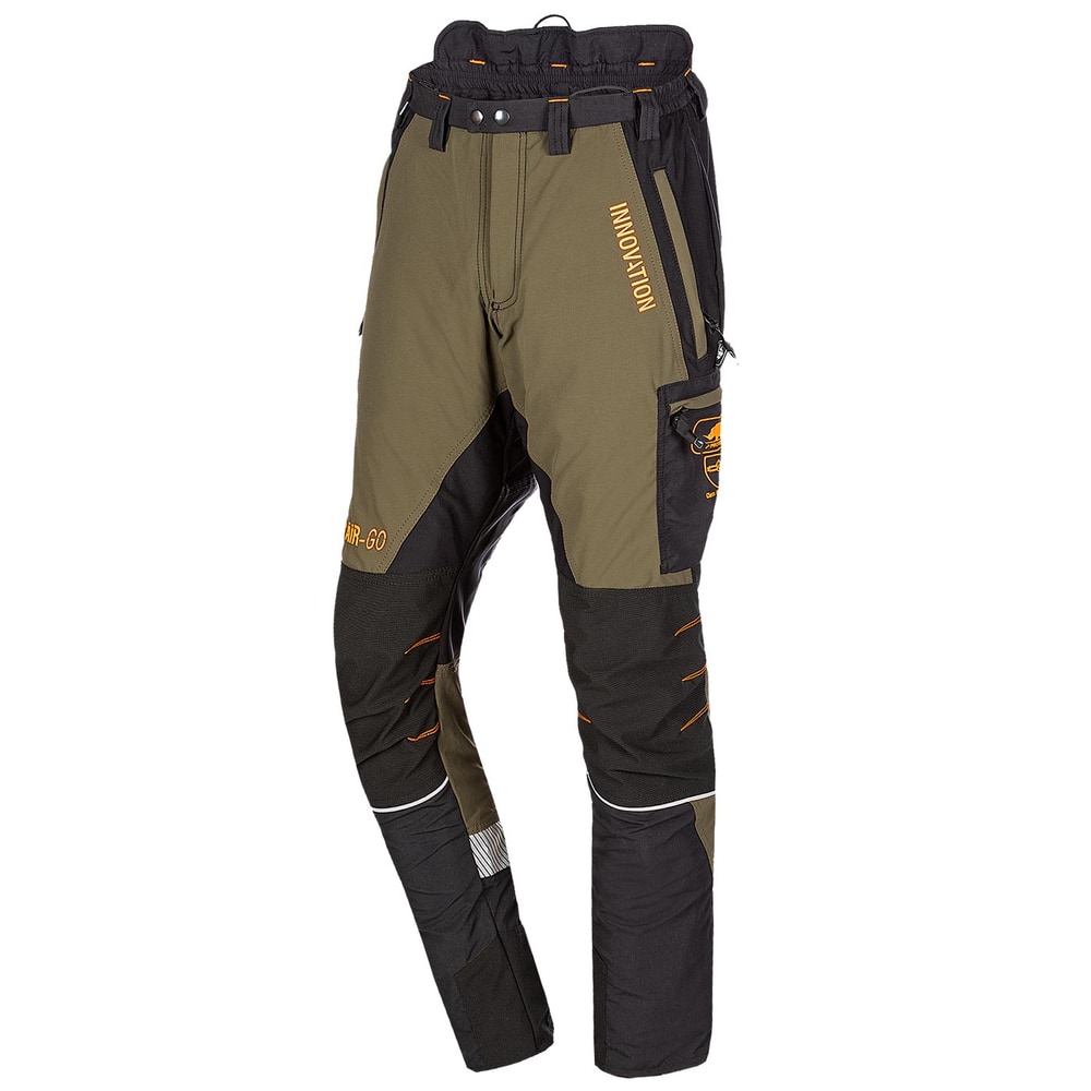 Pantalon de travail Canopy AIR-GO en vert olive et noir avec détails et inscription orange INNOVATION