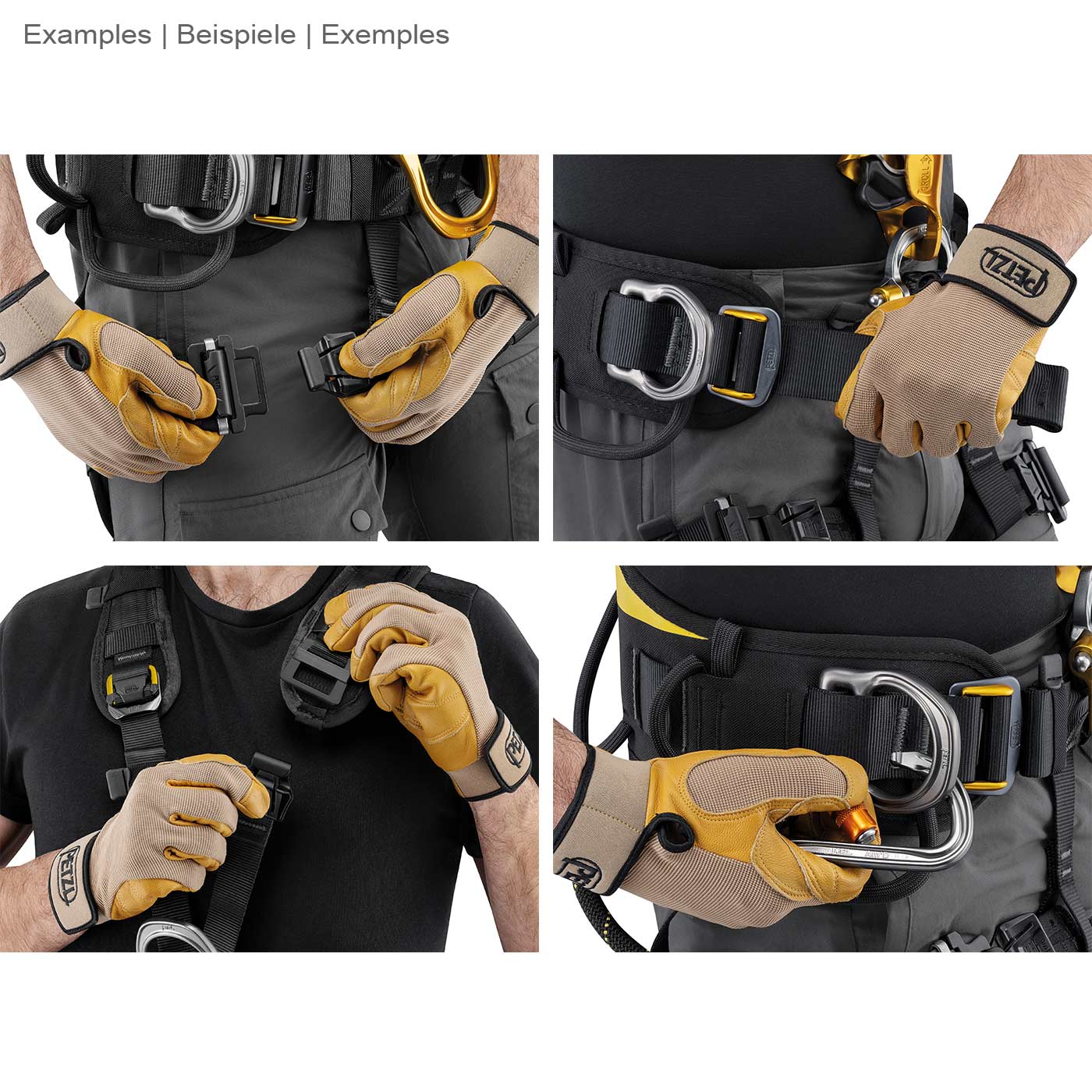 Harnais Astro Bod Fast de Petzl en gros plan avec une personne actionnant diverses attaches et boucles du harnais avec des gants