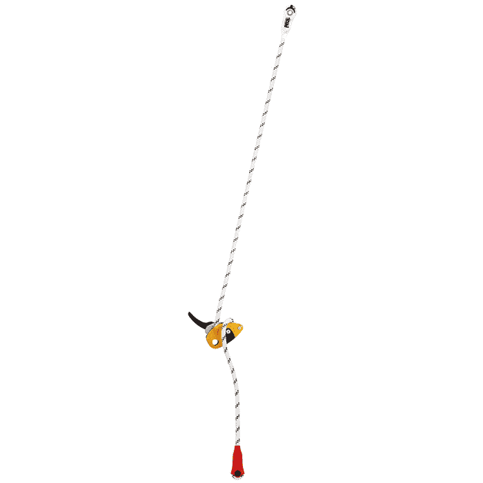Grillon by Petzl, bloqueur jaune sur corde blanche avec extrémité de corde rouge