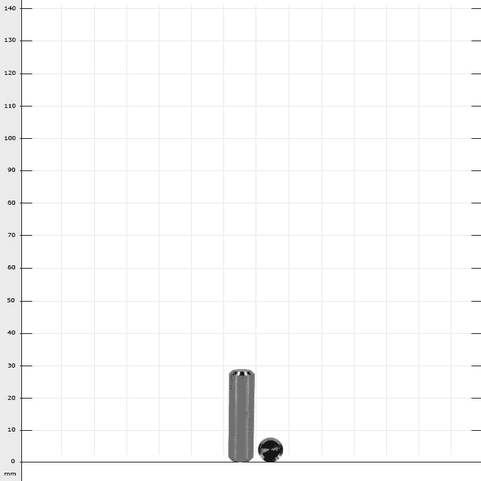 Boulon de roulement Cocoon 3, un boulon métallique allongé et cylindrique aux extrémités arrondies, à côté d’une petite boule de métal