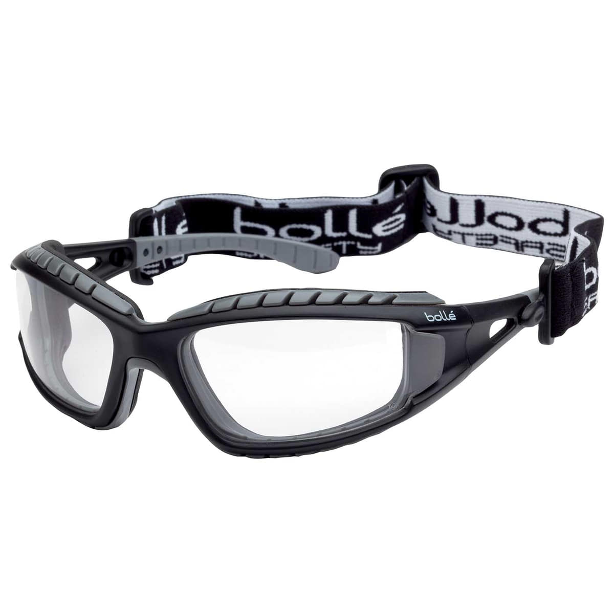 Tracker II de Bollé, masque noir avec lentille transparente et élastique réglable noir et blanc avec imprimé bollé