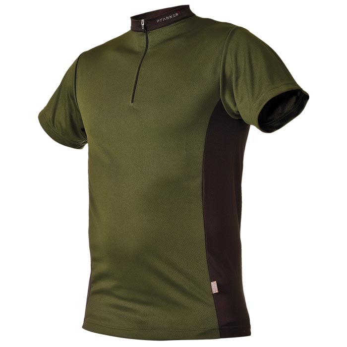 Chemise à col zippé vert olive avec empiècement noir sur les côtés, fermeture éclair courte et nom du fabricant Pfanner sur le col