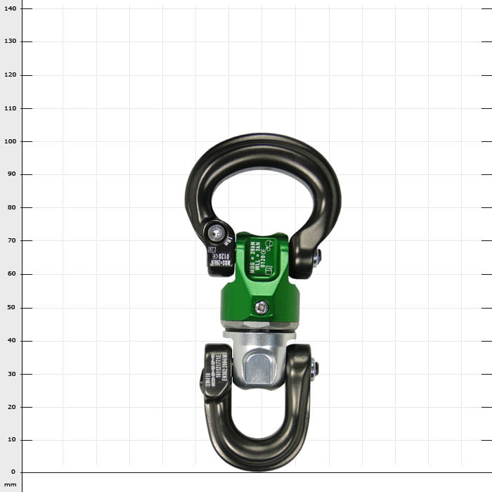 Mini-Swivel Nexus 1, un mousqueton pivotant avec une partie centrale verte et des crochets noirs en haut et en bas, sur un fond blanc avec grille