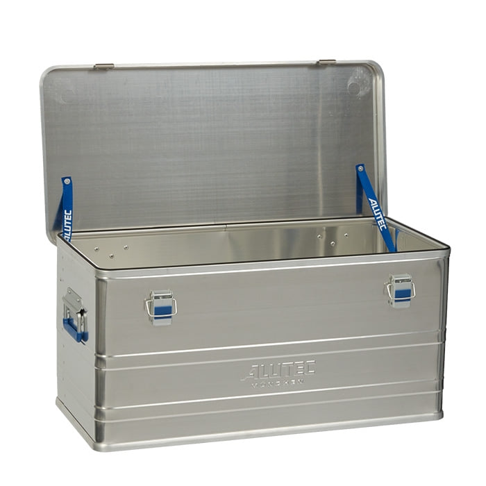 Alubox Comfort 92, boîte ouverte en aluminium argenté avec sangles de maintien et poignées bleues, fabricant ALUTEC