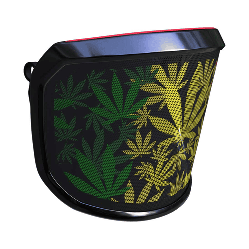 Visière PROTOS Special Edition avec cadre noir, vue latérale avec motif de feuilles vertes®, jaunes et rouges sur fond noir