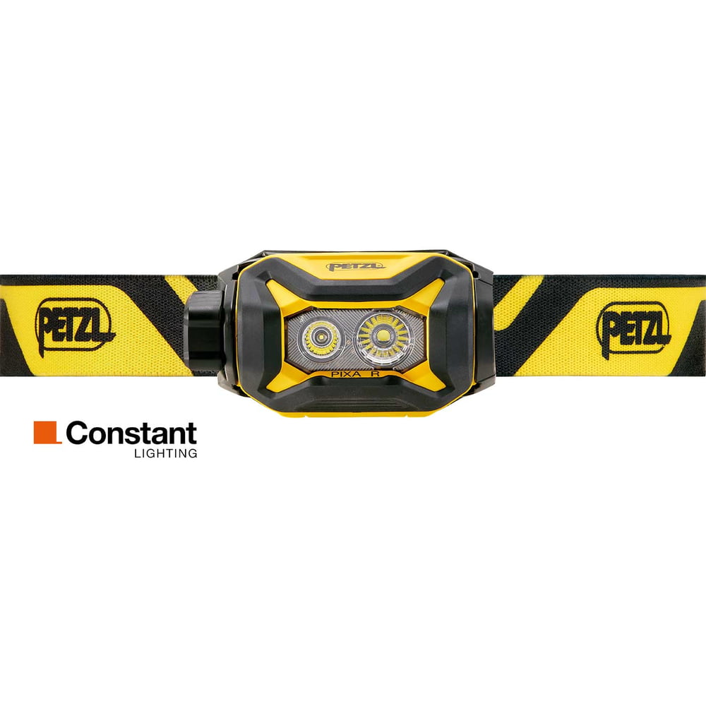 Lampe frontale Petzl Pixa R avec bandeau jaune et noir, frontale avec deux lentilles lumineuses et logo Petzl sur la sangle