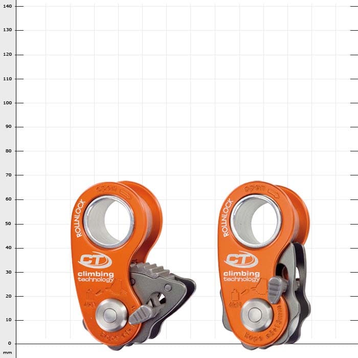 Deux bloqueurs de corde RollnLock orange de Climbing Technology, l’un visible de l’avant et l’autre de l’arrière