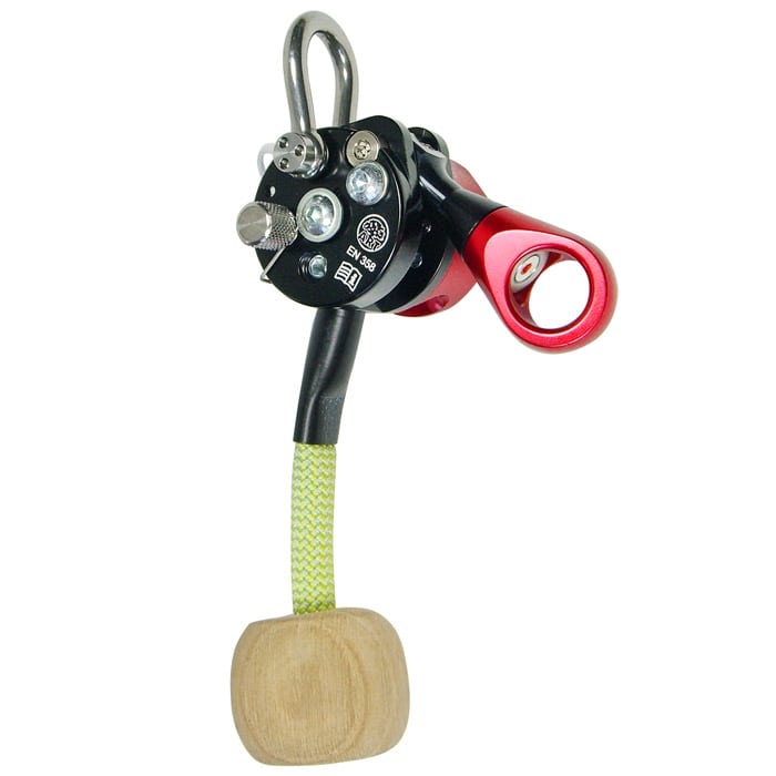 LockJack 2 en noir et rouge avec corde verte et poignée en bois, fabricant ART, dos avec vis et marquage EN 358