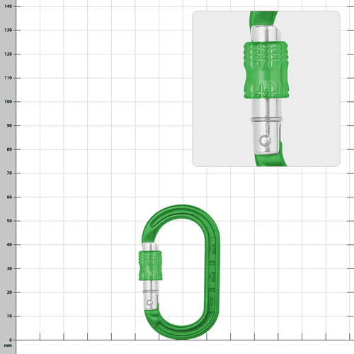 XSRE Lock, fabricant non visible, mousqueton vert avec fermoir vert, gros plan du fermoir en haut à droite