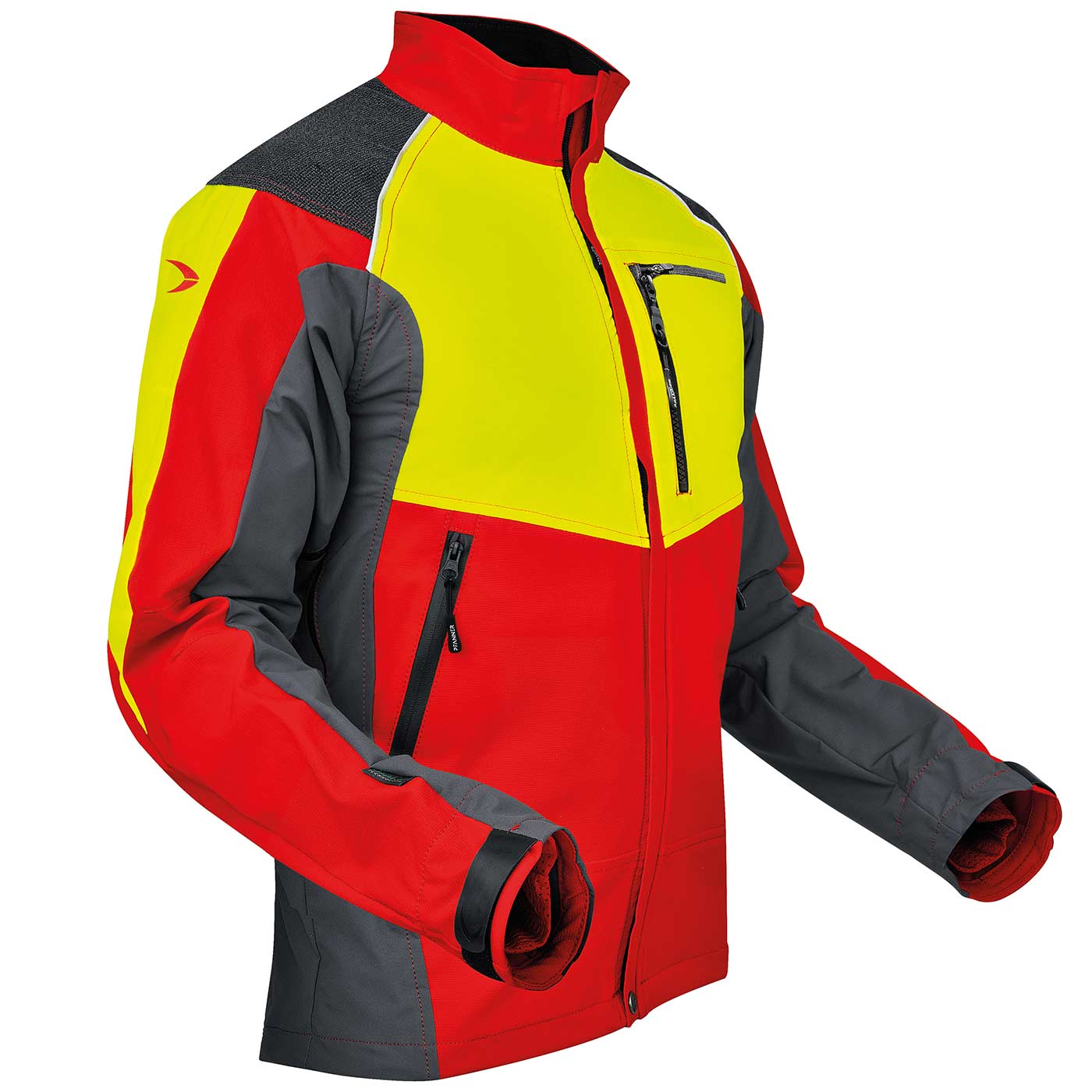 Veste de ventilation en rouge, jaune et gris avec poches zippées et col montant
