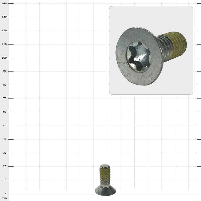 Vis Distel à tête fraisée Torx M8x20 avec tête fraisée et entraînement Torx, fabricant Distel, taille M8x20, représentée devant un fond à carreaux avec une vue agrandie de la tête de vis en haut à droite