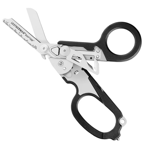 Ciseaux de sauvetage Leatherman Raptor avec manche noir et outils dépliés, y compris une lame à échelle centimétrique, en métal et en plastique