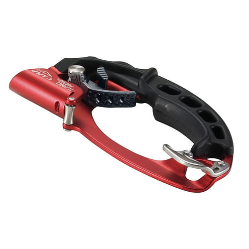 Appareil d’assurage CAMP Turbohand Pro R en rouge et noir avec fermoir et poignée en métal