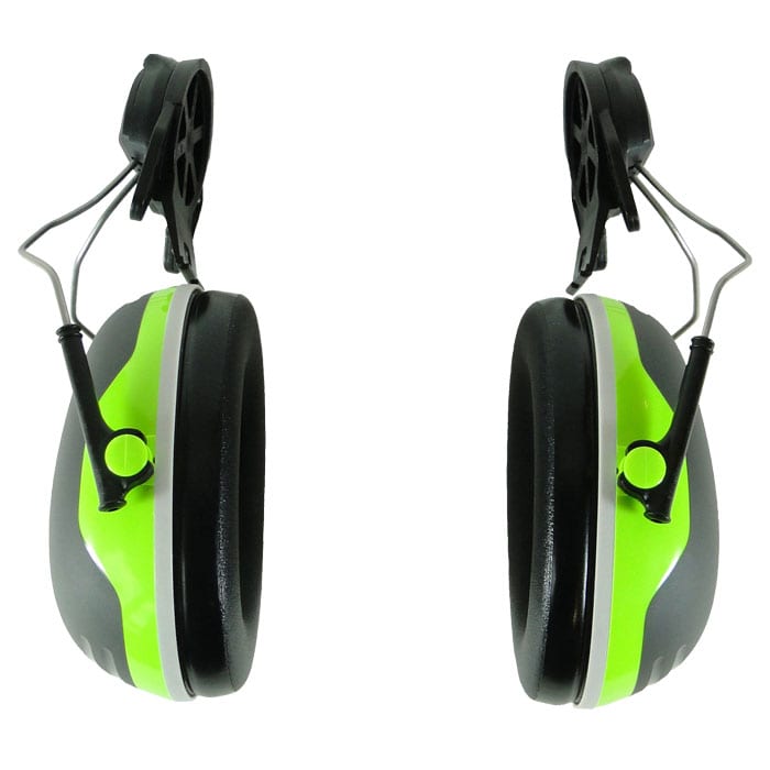 Protection auditive X4 Plug de 3M Peltor en gris et vert, avec branche et rembourrage noirs, vue latérale