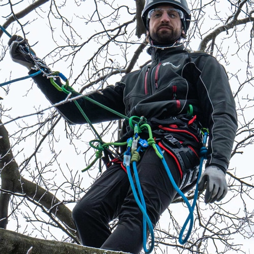 Homme portant le harnais d’escalade treeMOTION Pro X avec plusieurs cordes bleues et vertes, des vêtements noirs, un casque et des lunettes dans un arbre, fabricant Trufilanger
