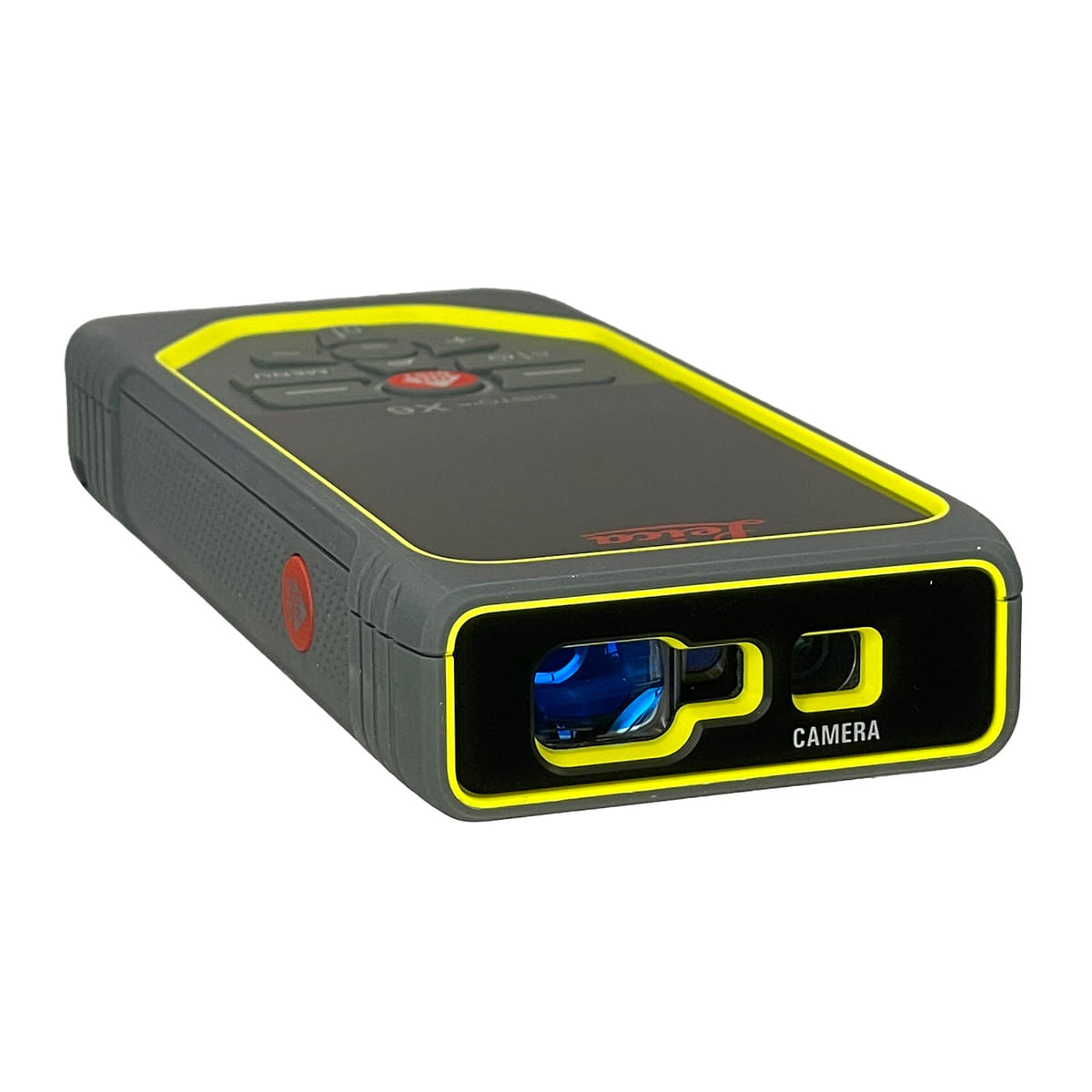 Télémètre laser Leica Disto X6 vu du haut avec caméra visible et ouverture laser, boîtier gris avec bordure jaune, fabricant Leica Geosystems