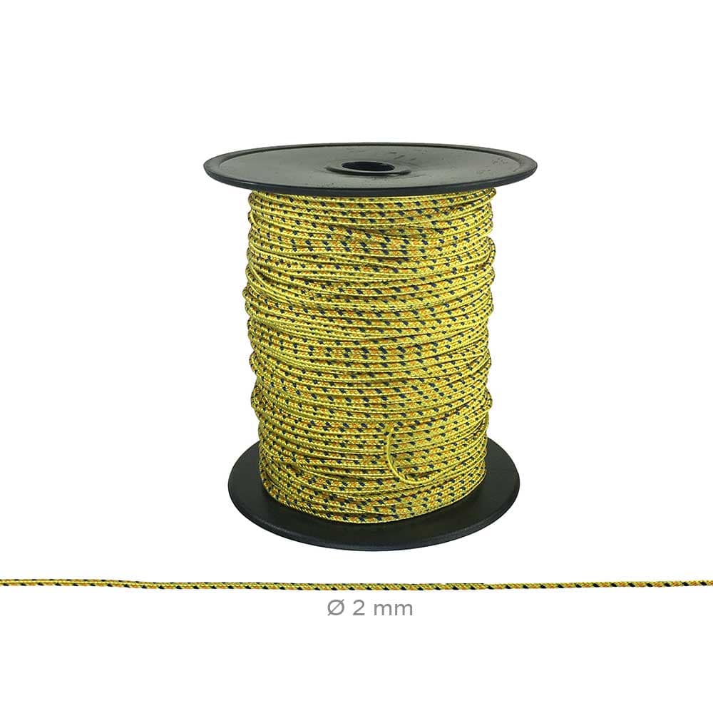 Corde multicorde jaune-noir avec motif sur bobine noire, diamètre 2 mm, nom du produit visible sur la bobine
