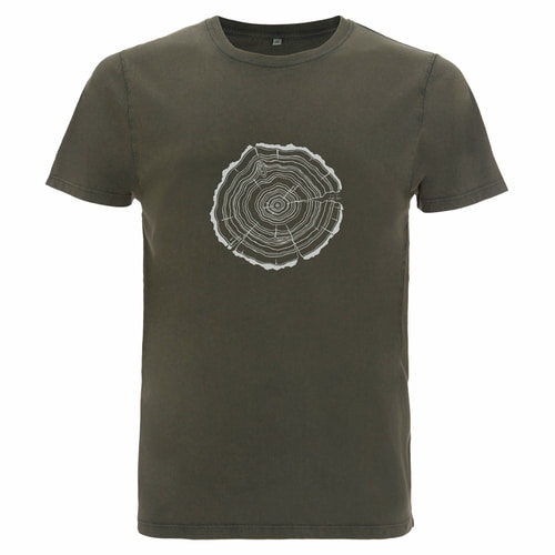 T-shirt Treeslice vert olive avec motif de tronc d’arbre blanc sur la poitrine
