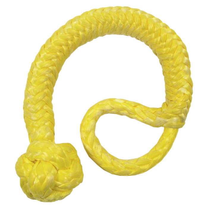 Lien 8 corde jaune avec nœud à une extrémité et boucle à l’autre, nom du produit visible