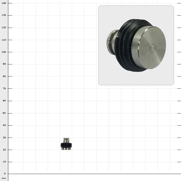 SpikeSender bolt, petit boulon métallique avec des joints noirs sur un fond à carreaux, à côté de celui-ci un gros plan agrandi du même boulon.