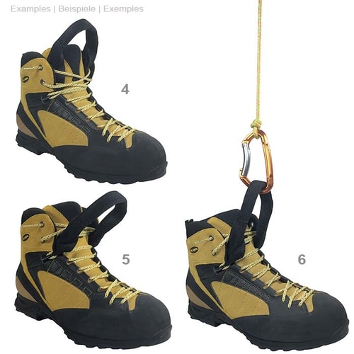 Boucle de chaussure de couleur noire en tissu robuste, nom du produit boucle de chaussure, montrée en quatre images avec numérotation de 4 à 6, dans chaque image, vous pouvez voir une chaussure d’alpinisme jaune et noire avec différentes positions de la b