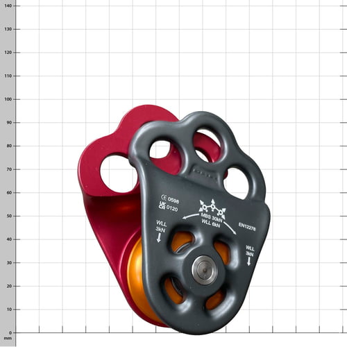 Deux poulies Hitch Climber 2, l’une avec boîtier noir et l’autre avec boîtier rouge, toutes deux avec poulie orange, sur fond blanc avec des lignes de grille