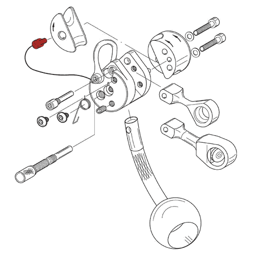 Dessin technique en noir et blanc d’un dispositif mécanique comportant plusieurs parties, dont deux vis marquées en rouge, sans information constructeur ni type de produit