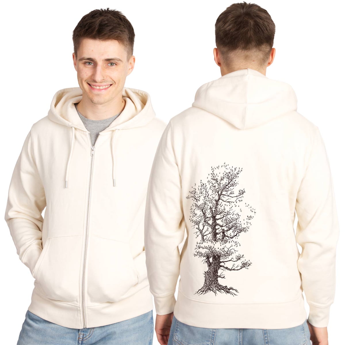 Sweat à capuche Zip Tree Stone Tree en blanc crème avec capuche, fermeture éclair sur le devant, poches et grand imprimé d’arbre à l’arrière, porté par un homme, visible à l’avant et à l’arrière