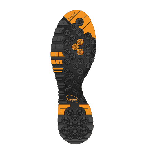 Semelle crantée noire et orange avec logo Arbpro et nombreux picots ronds