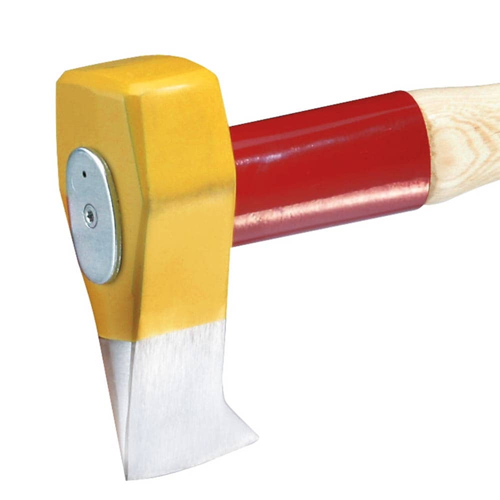 Gros plan sur la tête de hache jaune et le cou rouge de la hache Big Ox Rotband Plus 900
