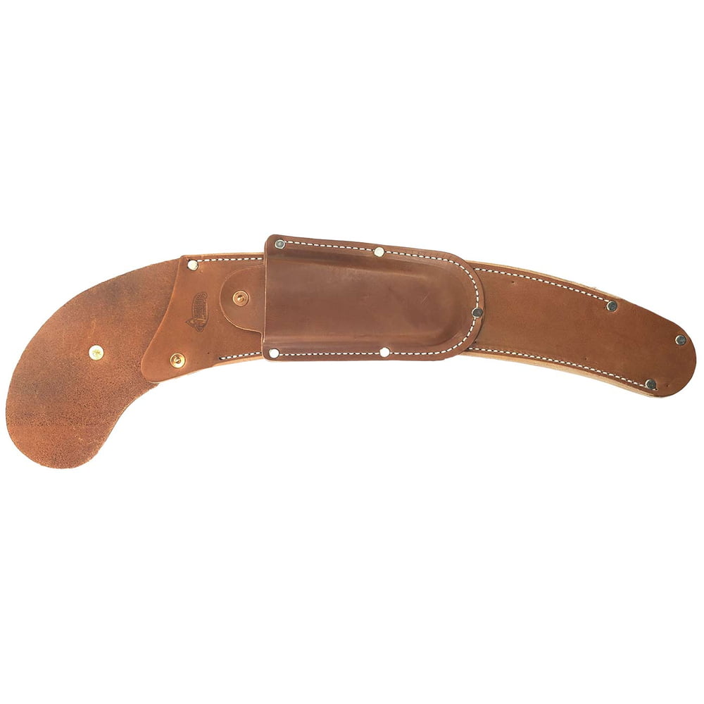 Étui en cuir KR/S en cuir marron avec coutures blanches et rivets métalliques, posé à plat