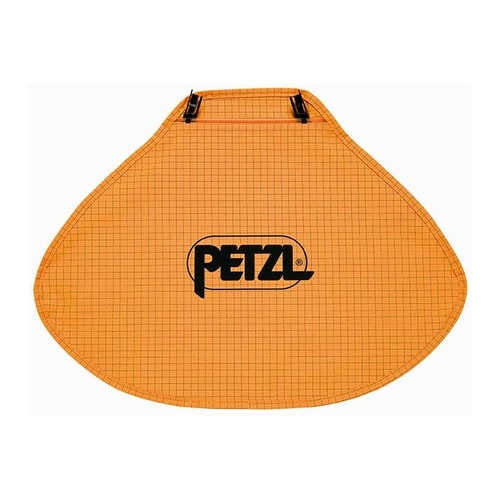 Ortelle de cou Petzl orange avec motif à carreaux noirs et logo Petzl noir au milieu