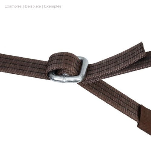 Boucle spéciale GEFA 2/4 t en métal, reliée à une sangle marron qui passe à travers la boucle
