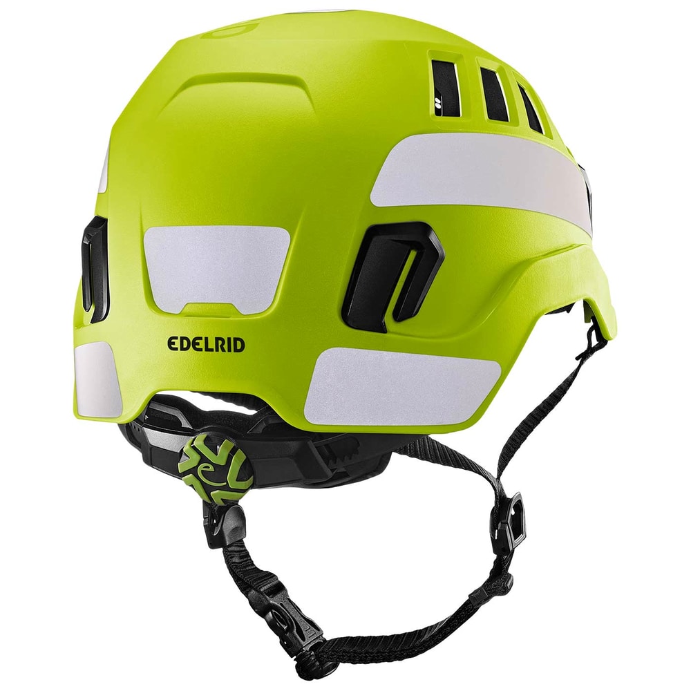 Casque d’escalade Tectum Air Hi-Viz d’Edelrid en jaune vif avec réflecteurs blancs et mentonnière noire, vue arrière avec roue réglable