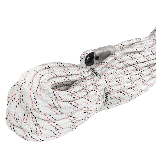 Industrie 10.5 Corde blanche à motifs noirs et rouges, enroulée et fixée avec un ruban blanc avec l’inscription « BEAL », extrémité avec capuchon de protection transparent et anneau noir