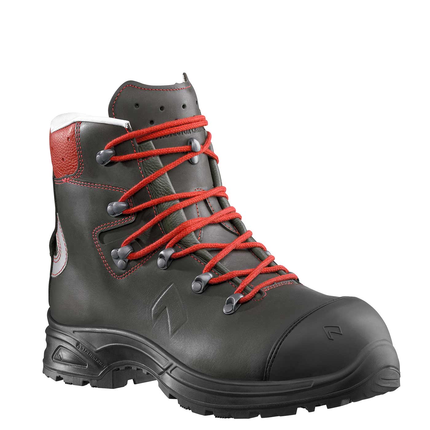 Chaussure de travail Protector Light 2.1 noire avec lacets rouges, semelle noire et talon rouge, vue unique depuis la diagonale avant droite