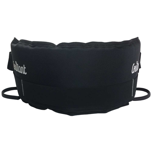 Ceinture croisée noire avec inscription blanche « Courant » cousue dans le dos, fabricant non visible