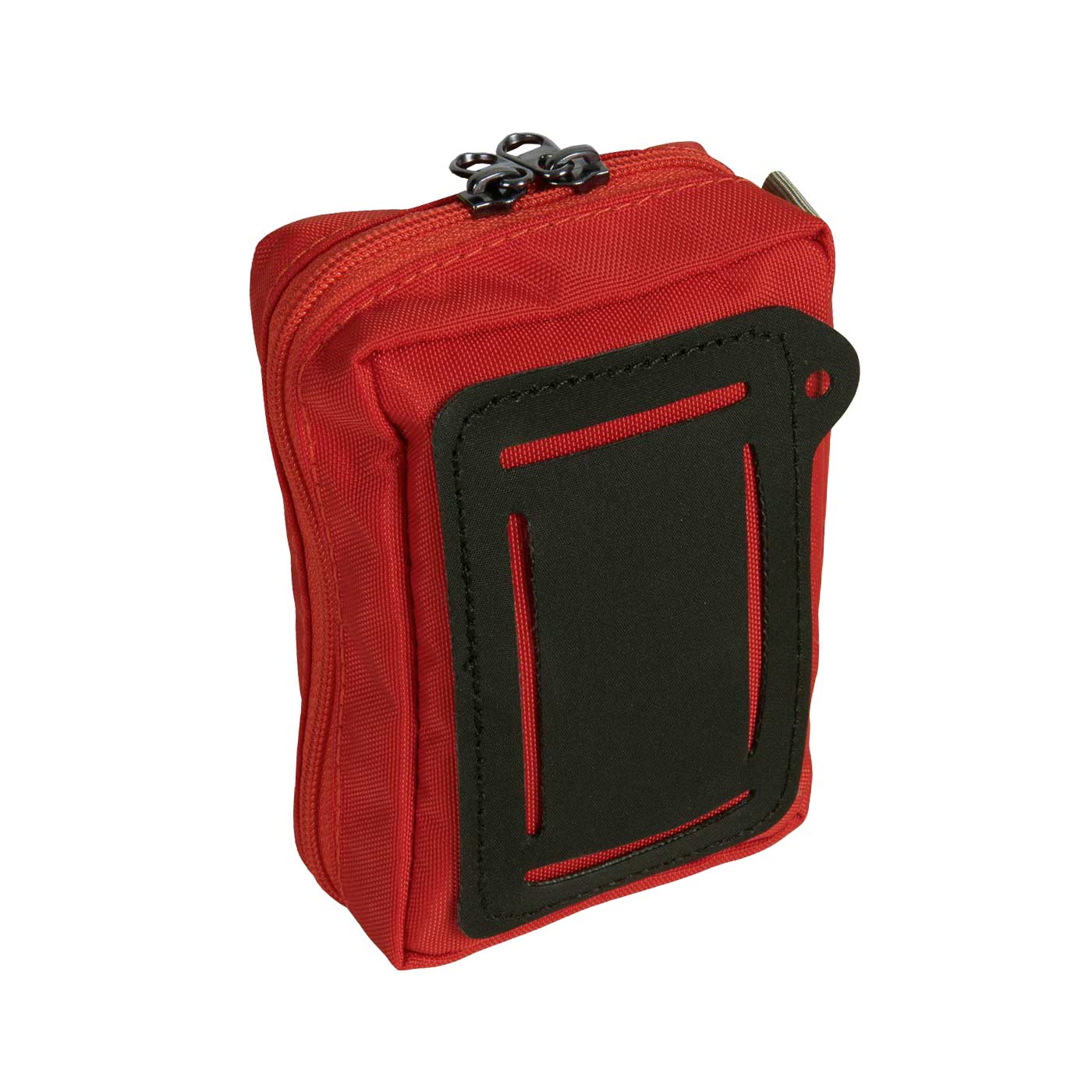 Dos de la trousse de premiers secours Tatonka First Aid XS rouge avec panneau de fixation noir et fermeture éclair sur le dessus