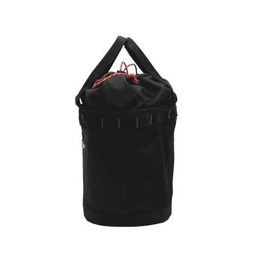 Bucket Mule de Teufelberger, sac rond noir avec deux poignées noires et fermeture à cordon rouge, vue latérale sans logo visible