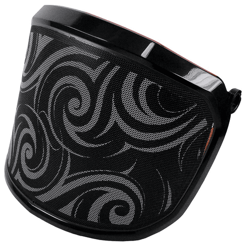 Visière PROTOS® Special Edition avec cadre noir et maille noire avec motifs de tourbillon argentés sur la diagonale avant