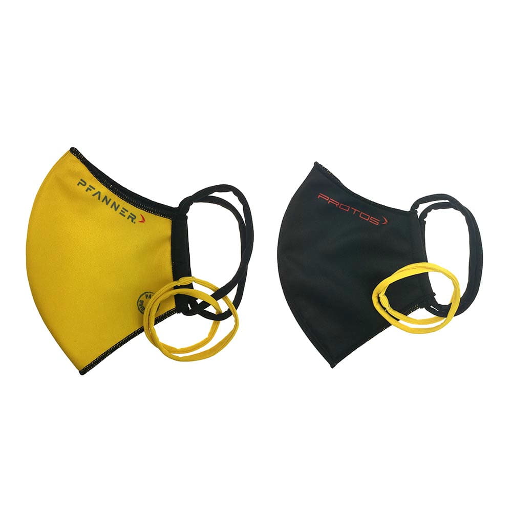 Masque réversible PFANNER® en pack double, un jaune avec bord noir et élastique, un noir avec logo PROTOS rouge, tous deux avec deux élastiques jaunes supplémentaires chacun