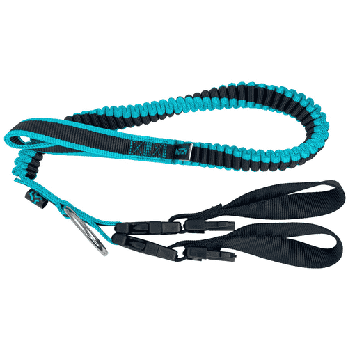 Longe de tronçonneuse modulaire en noir et turquoise avec élastique, deux boucles noires et anneau en métal