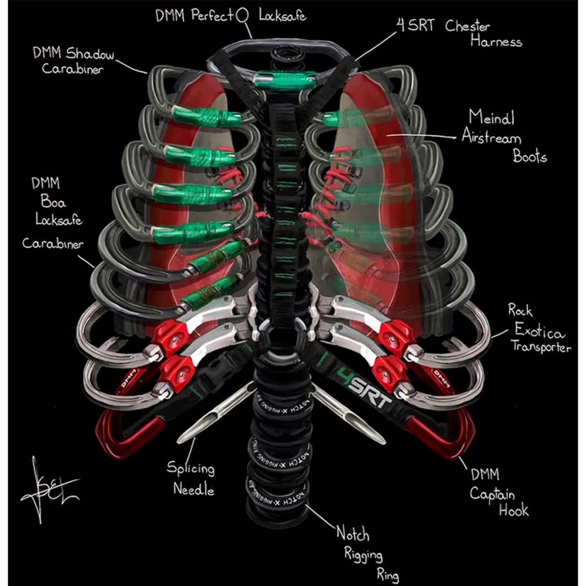 Gros plan du motif de cage thoracique imprimé de l’équipement d’escalade sur le t-shirt noir Arb Ribs
